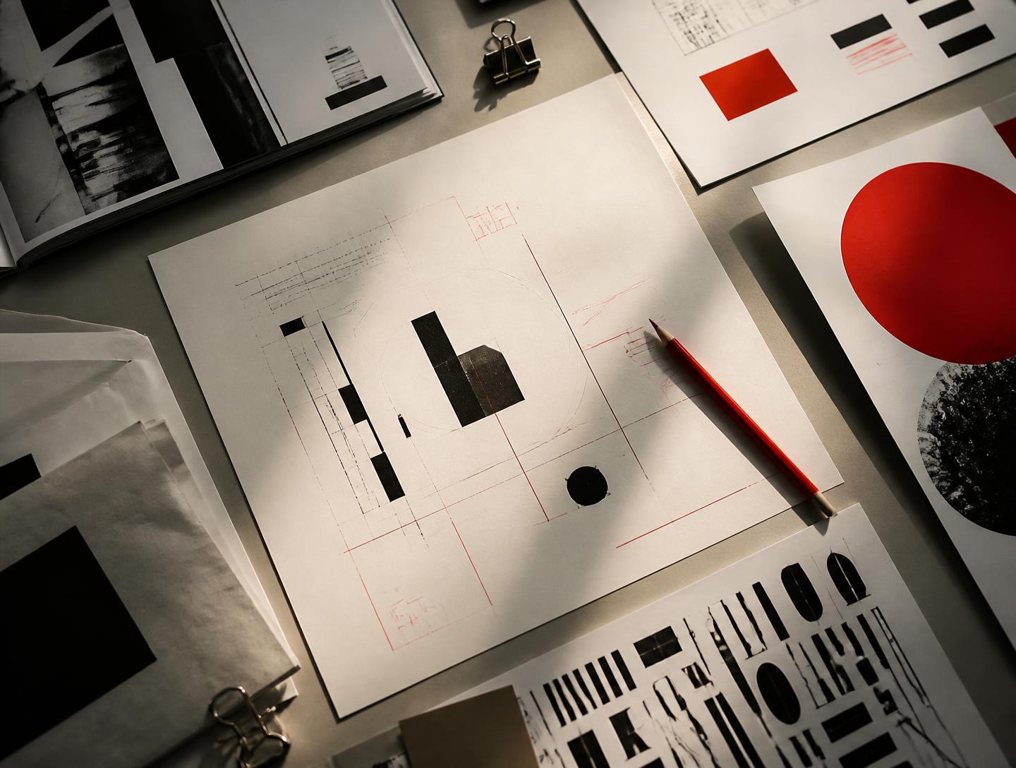 A thoughtful strategy workspace with notes and creative materials
